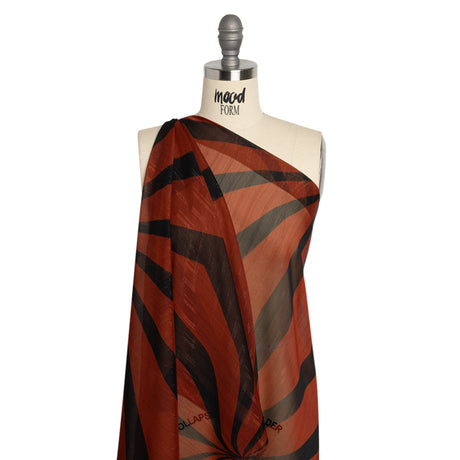 Polyester Chiffon Print with Metallic Pinstripes - Rust Red and Black Abstract - Mood Exclusive Fondue Funhouse