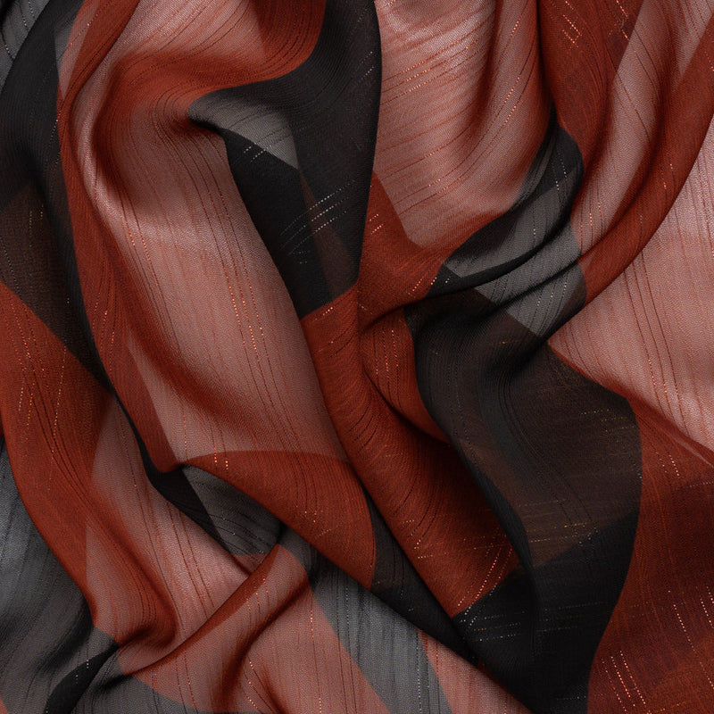 Polyester Chiffon Print with Metallic Pinstripes - Rust Red and Black Abstract - Mood Exclusive Fondue Funhouse