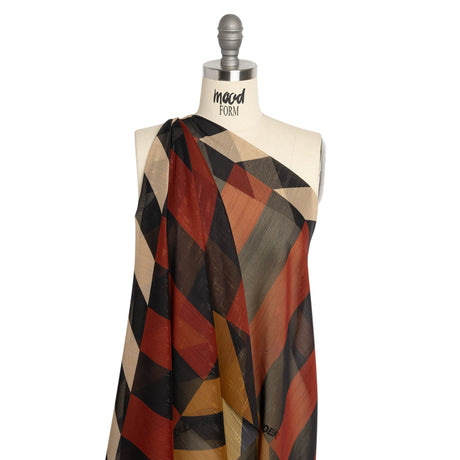 Polyester Chiffon Print with Metallic Pinstripes - Black and Brown Blocky Stripes - Mood Exclusive Shadows and Rays