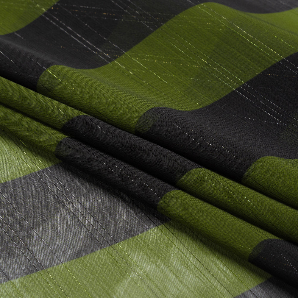 Polyester Chiffon Print with Metallic Pinstripes - Green and Black Wavy Stripes - Mood Exclusive Delray Daze