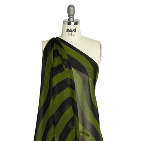 Polyester Chiffon Print with Metallic Pinstripes - Green and Black Wavy Stripes - Mood Exclusive Delray Daze