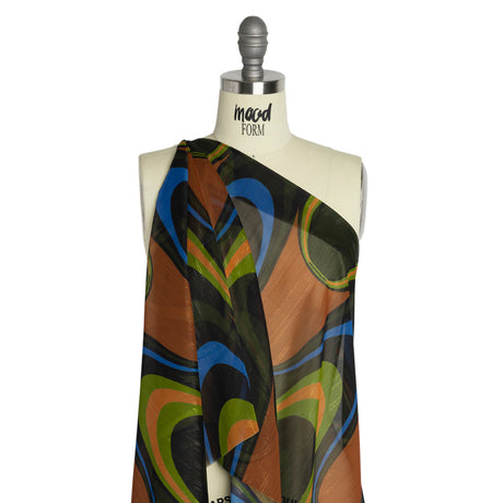 Polyester Chiffon Print with Metallic Pinstripes - Brown, Green and Black Waves - Mood Exclusive Ebb and Flow