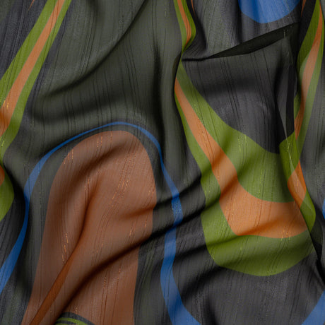 Polyester Chiffon Print with Metallic Pinstripes - Brown, Green and Black Waves - Mood Exclusive Ebb and Flow