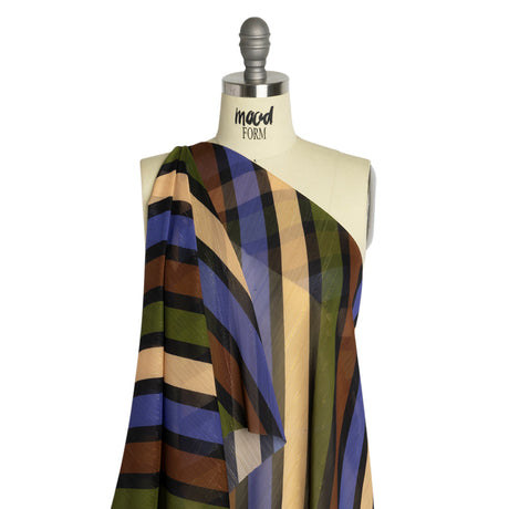 Polyester Chiffon Print with Metallic Pinstripes - Brown, Green and Purple Diagonal Stripes - Mood Exclusive Seemingly Slanted