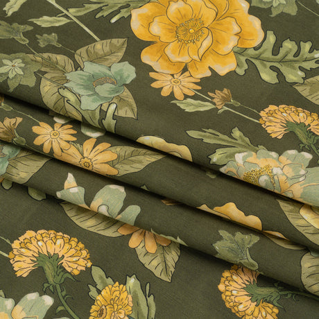 Cotton Poplin Print - Olive Green and Yellow Floral - Mood Exclusive Glorious Gardens