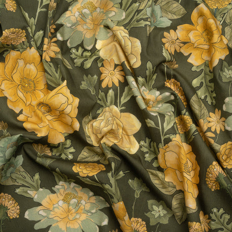 Cotton Poplin Print - Olive Green and Yellow Floral - Mood Exclusive Glorious Gardens