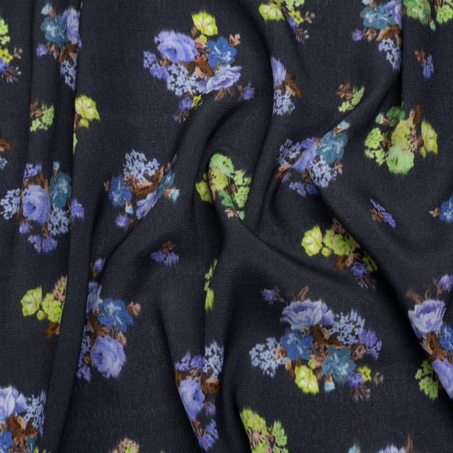 Viscose Crepe Print - Navy, Periwinkle and Lime Green Ikat Floral - Mood Exclusive Rosy Visions