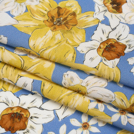 Viscose Crepe Print - Sky Blue, Yellow and White Floral - Mood Exclusive Crisp and Clear