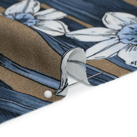 Viscose Crepe Print - Blue and Tan Floral - Mood Exclusive Drenched Daffodils