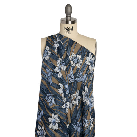 Viscose Crepe Print - Blue and Tan Floral - Mood Exclusive Drenched Daffodils