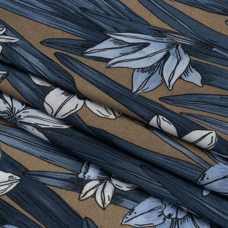 Viscose Crepe Print - Blue and Tan Floral - Mood Exclusive Drenched Daffodils