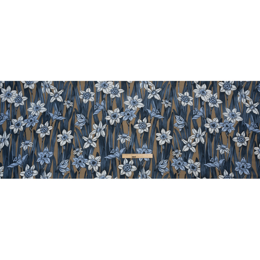 Viscose Crepe Print - Blue and Tan Floral - Mood Exclusive Drenched Daffodils