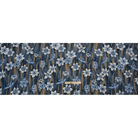 Viscose Crepe Print - Blue and Tan Floral - Mood Exclusive Drenched Daffodils