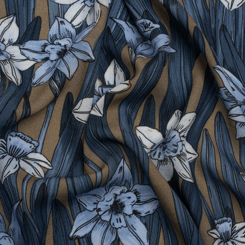 Viscose Crepe Print - Blue and Tan Floral - Mood Exclusive Drenched Daffodils