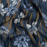 Viscose Crepe Print - Blue and Tan Floral - Mood Exclusive Drenched Daffodils