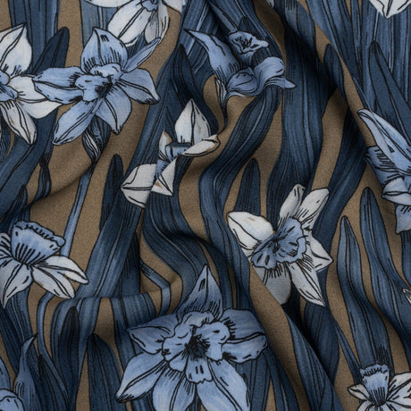 Viscose Crepe Print - Blue and Tan Floral - Mood Exclusive Drenched Daffodils