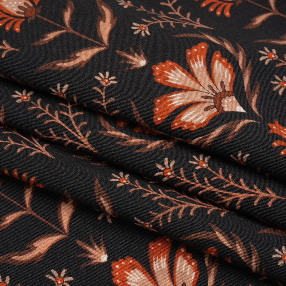 Stretch Cotton Twill - Black and Orange Floral - Watching the Fire Print - Mood Exclusive Rockland Collection
