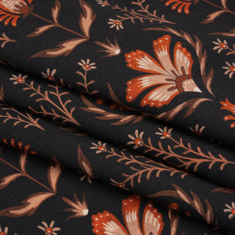 Stretch Cotton Twill - Black and Orange Floral - Watching the Fire Print - Mood Exclusive Rockland Collection