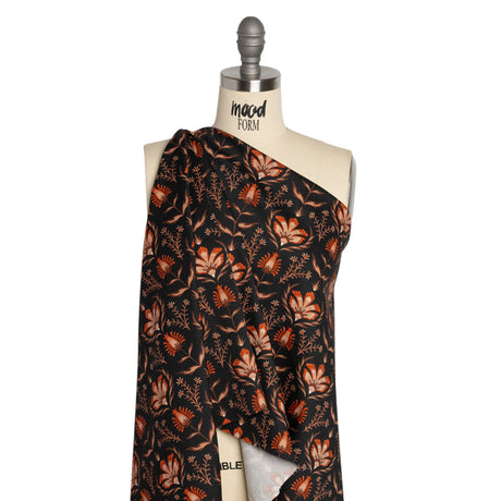 Stretch Cotton Twill - Black and Orange Floral - Watching the Fire Print - Mood Exclusive Rockland Collection