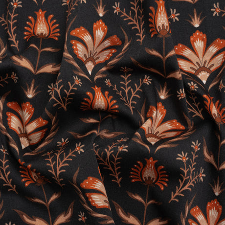 Stretch Cotton Twill - Black and Orange Floral - Watching the Fire Print - Mood Exclusive Rockland Collection