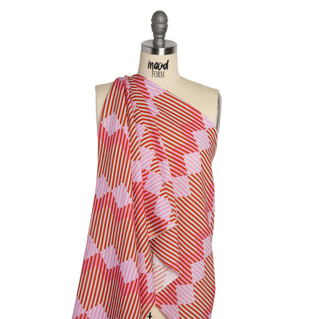 Slubbed Viscose Woven Print - Red and Pink Geometric Stripes - Mood Exclusive Eye Play