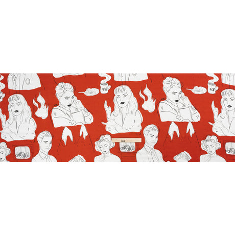 Slubbed Viscose Woven Print - Red, Black and White Portraits - Mood Exclusive Morning Mysteries