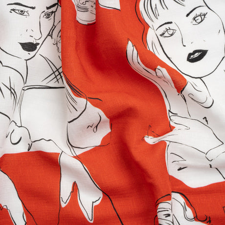 Slubbed Viscose Woven Print - Red, Black and White Portraits - Mood Exclusive Morning Mysteries