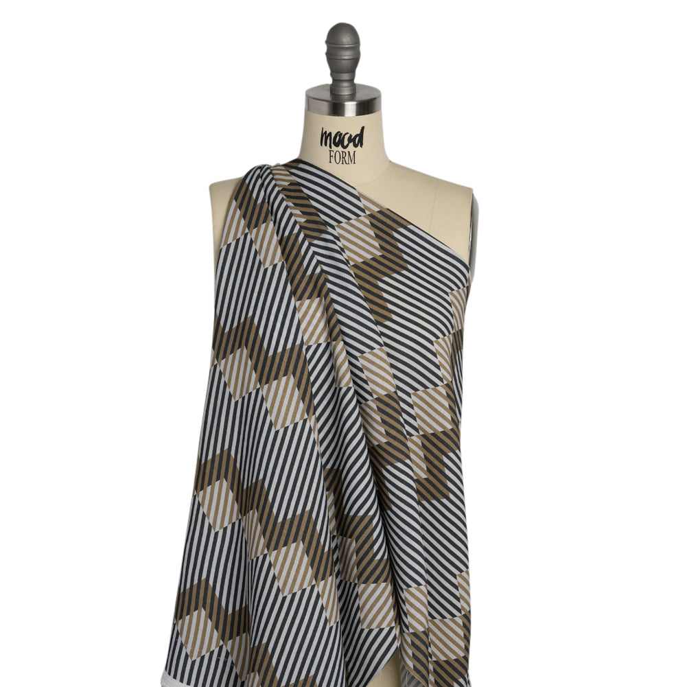 Slubbed Viscose Woven Print - Black and Brown Geometric Stripes - Mood Exclusive Eye Play
