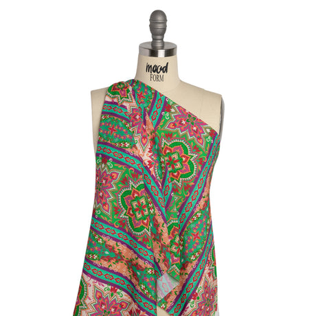 Viscose Crepe Print - Green and Pink Floral Medallion Stripes - Mood Exclusive Happy Hayday