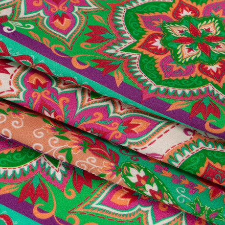 Viscose Crepe Print - Green and Pink Floral Medallion Stripes - Mood Exclusive Happy Hayday