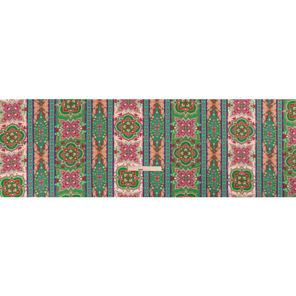 Viscose Crepe Print - Green and Pink Floral Medallion Stripes - Mood Exclusive Happy Hayday