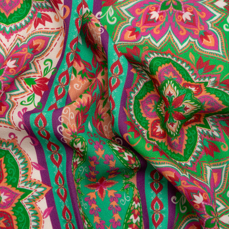 Viscose Crepe Print - Green and Pink Floral Medallion Stripes - Mood Exclusive Happy Hayday