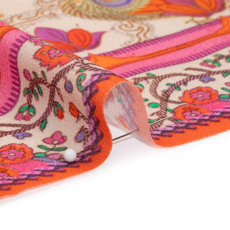 Viscose Crepe Panel - Red, Pink and Orange Fancy Leaves - Mood Exclusive Peacock Gardens