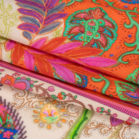 Viscose Crepe Panel - Red, Pink and Orange Fancy Leaves - Mood Exclusive Peacock Gardens
