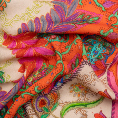 Viscose Crepe Panel - Red, Pink and Orange Fancy Leaves - Mood Exclusive Peacock Gardens