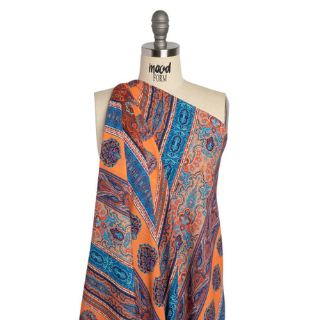 Viscose Crepe Panel - Orange, Blue and Rust Red Decorative Stripes - Mood Exclusive Desert Dance