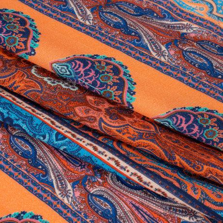 Viscose Crepe Panel - Orange, Blue and Rust Red Decorative Stripes - Mood Exclusive Desert Dance