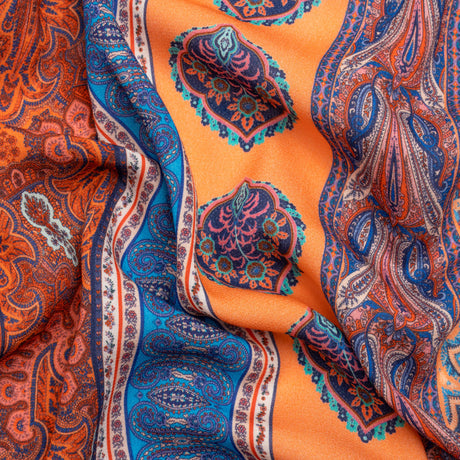 Viscose Crepe Panel - Orange, Blue and Rust Red Decorative Stripes - Mood Exclusive Desert Dance
