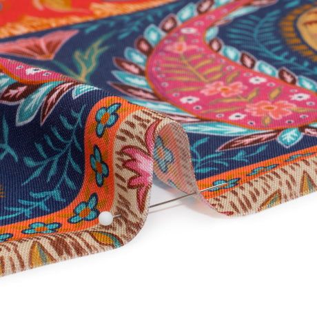 Viscose and Linen Twill Print - Blue and Orange Paisley and Floral Stripes - Mood Exclusive Botanical Bliss