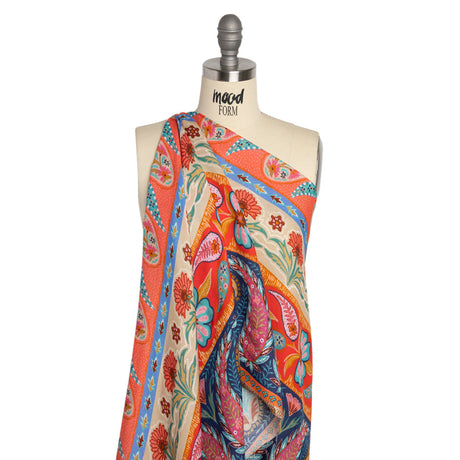 Viscose and Linen Twill Print - Blue and Orange Paisley and Floral Stripes - Mood Exclusive Botanical Bliss