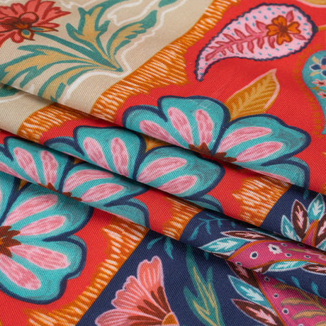 Viscose and Linen Twill Print - Blue and Orange Paisley and Floral Stripes - Mood Exclusive Botanical Bliss