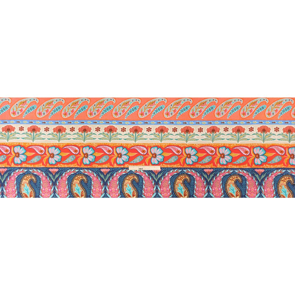 Viscose and Linen Twill Print - Blue and Orange Paisley and Floral Stripes - Mood Exclusive Botanical Bliss