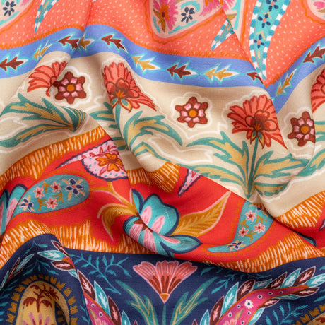Viscose and Linen Twill Print - Blue and Orange Paisley and Floral Stripes - Mood Exclusive Botanical Bliss