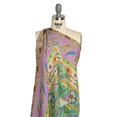 Viscose and Linen Twill Print - Purple and Green Paisley and Floral Stripes - Mood Exclusive Botanical Bliss