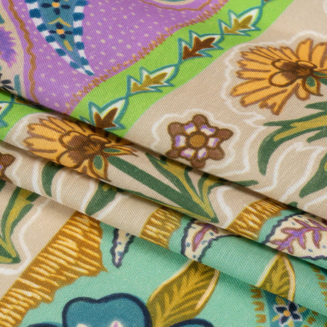 Viscose and Linen Twill Print - Purple and Green Paisley and Floral Stripes - Mood Exclusive Botanical Bliss