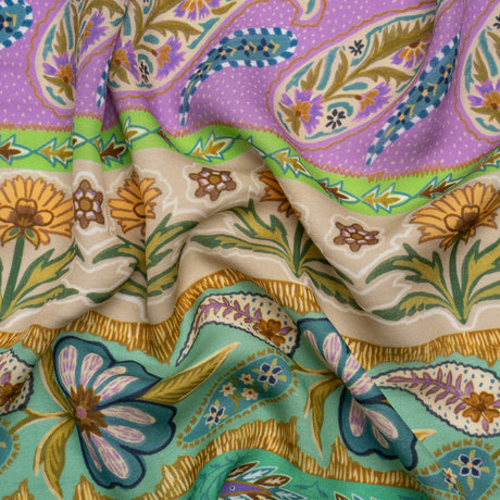 Viscose and Linen Twill Print - Purple and Green Paisley and Floral Stripes - Mood Exclusive Botanical Bliss