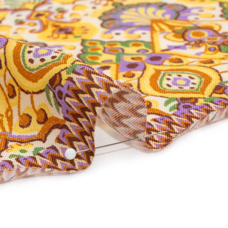 Viscose and Linen Twill Print - Yellow and Orange Stylized Flowers and Chevrons - Mood Exclusive Fashion Floral