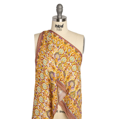 Viscose and Linen Twill Print - Yellow and Orange Stylized Flowers and Chevrons - Mood Exclusive Fashion Floral