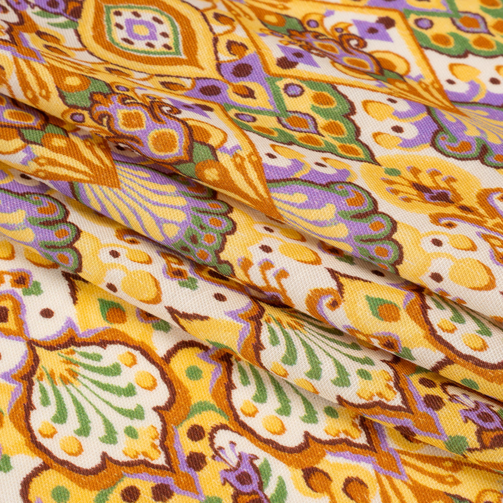 Viscose and Linen Twill Print - Yellow and Orange Stylized Flowers and Chevrons - Mood Exclusive Fashion Floral
