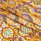 Viscose and Linen Twill Print - Yellow and Orange Stylized Flowers and Chevrons - Mood Exclusive Fashion Floral